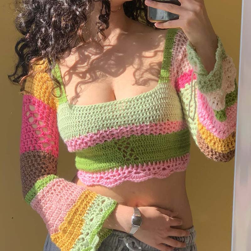 Phụnữ crochet đan lưới áo len vuông cổ tay áo dài tay áo pullover crop tops áo ba mặt sau áo len áo len